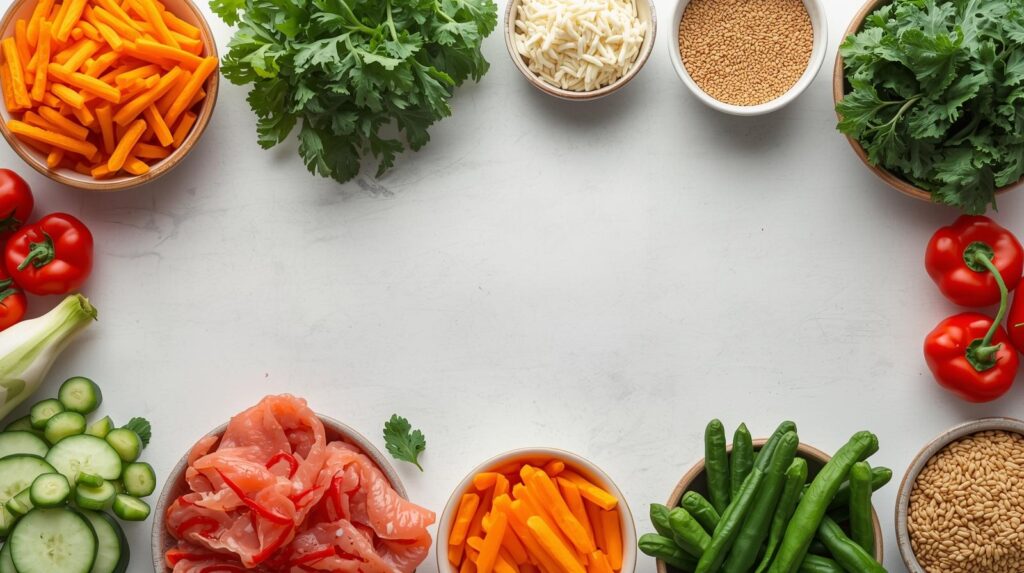 Ingredientes frescos e fracionados em tigelas para o preparo de receitas fitness fáceis e rápidas, destacando cenouras, folhas verdes, proteínas e grãos integrais organizados para o planejamento alimentar semanal.