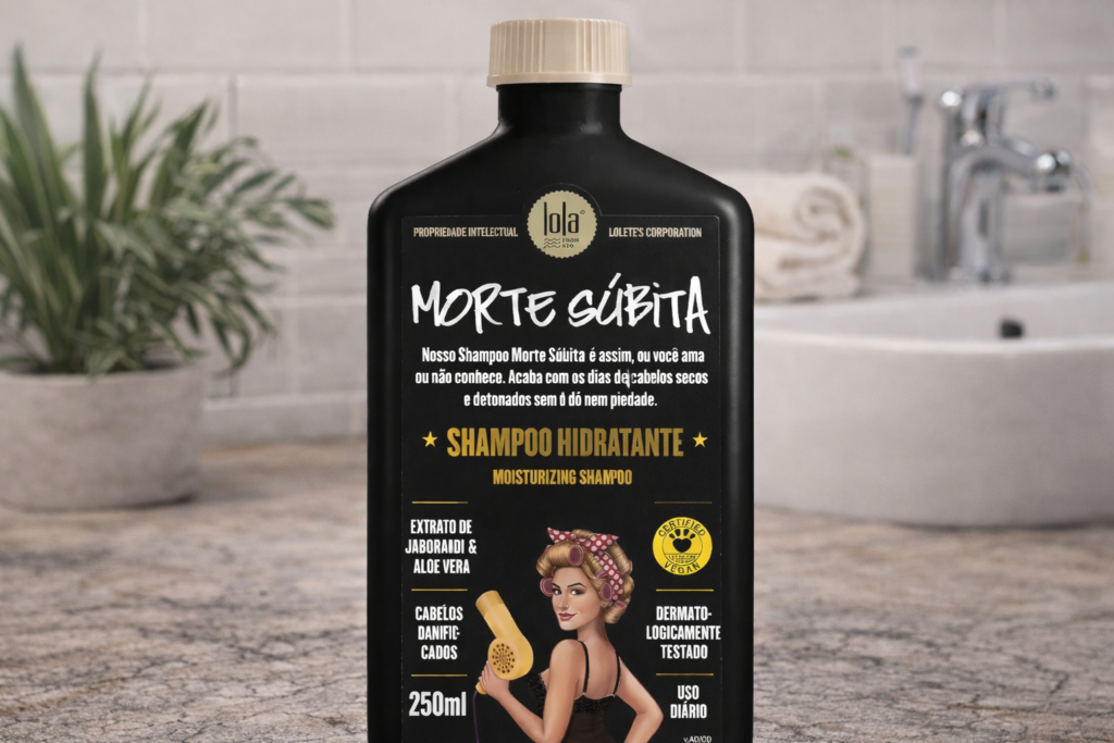 Close-up detalhado do rótulo do Shampoo Lola Morte Súbita Hidratante em um ambiente iluminado, mostrando a lista de ingredientes e a textura da embalagem, ideal para análise de composição capilar.