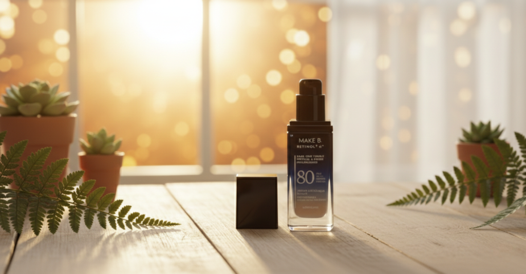 Close da embalagem da base Make B. Retinol H+ do Boticário em uma mesa com iluminação quente ao fundo
