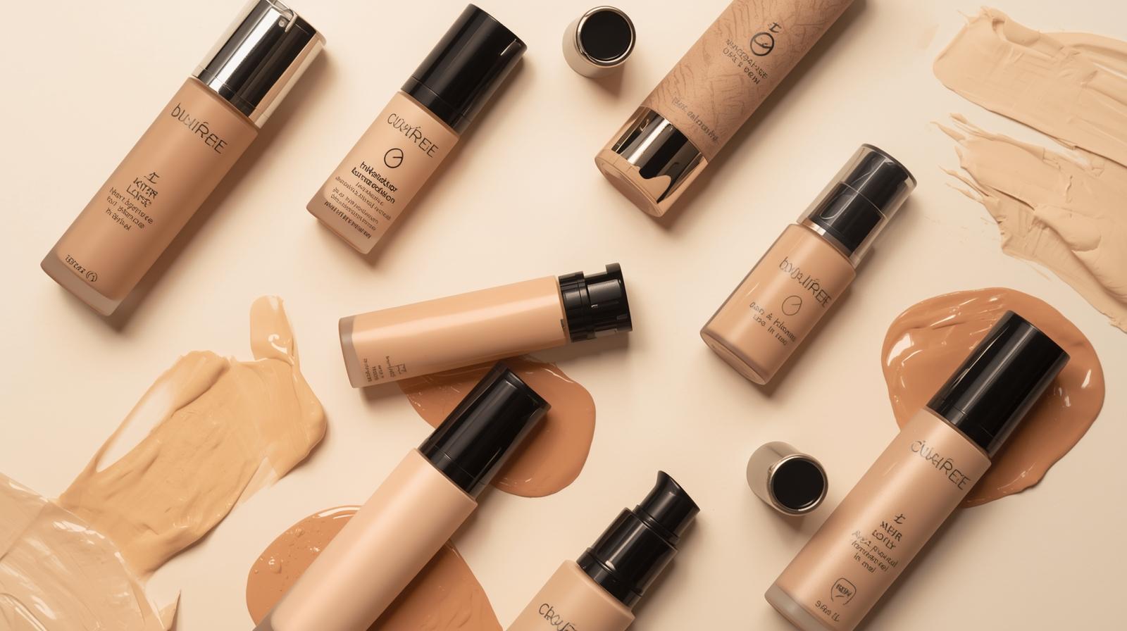 Seleção das melhores bases para cada tipo de pele dispostas sobre fundo neutro com amostras de texturas fluídas e cremosas.