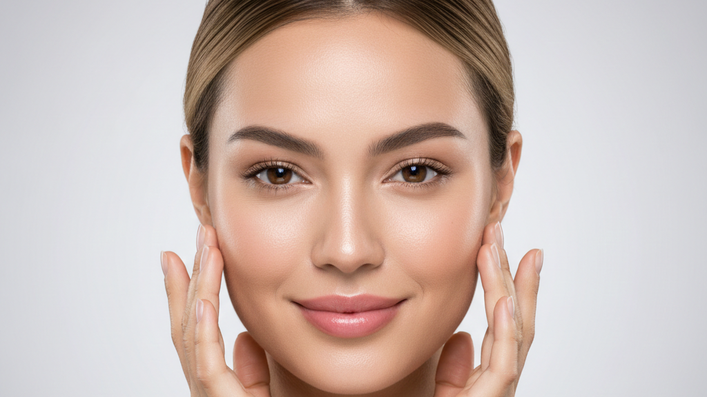 Modelo com pele impecável e hidratada tocando o rosto, demonstrando os resultados de uma rotina correta de tipos de pele e cuidados.