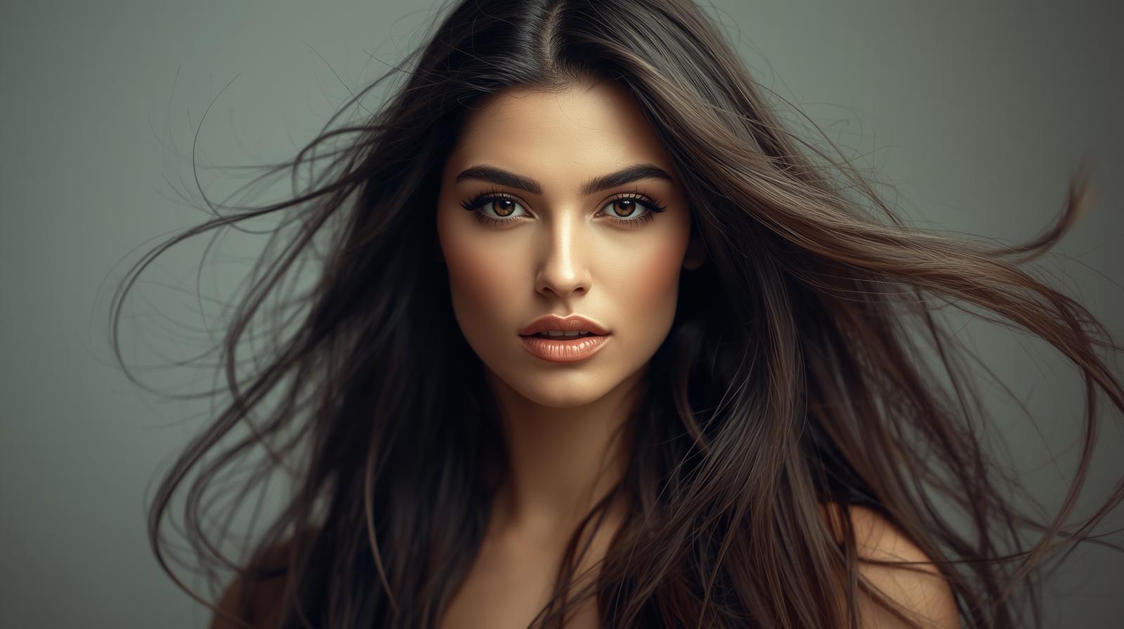 Mulher linda com cabelos castanhos soltos ao vento, representando saúde capilar e beleza natural.