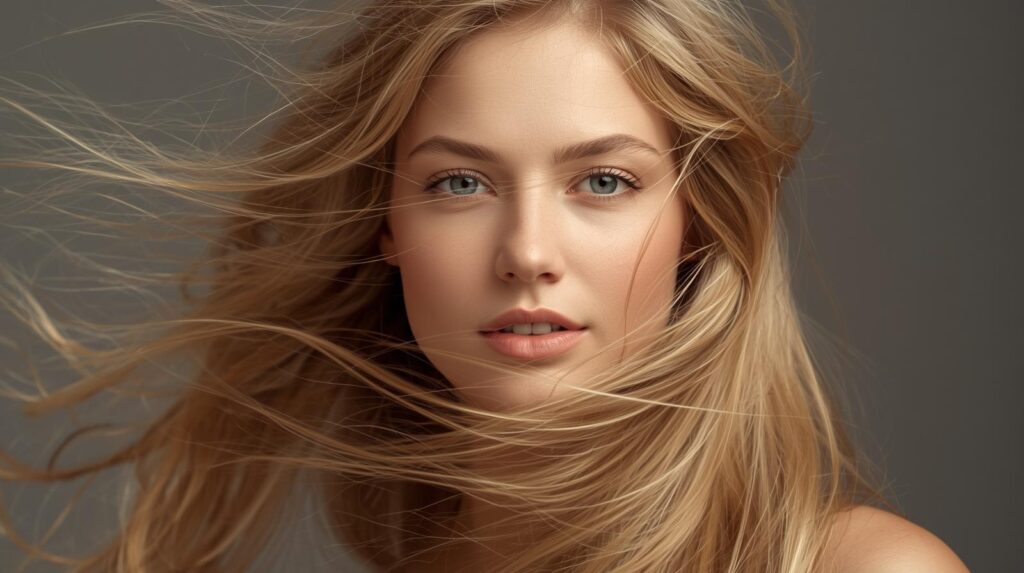 Mulher loira deslumbrante com cabelos longos e saudáveis soltos ao vento, demonstrando brilho e vitalidade capilar.