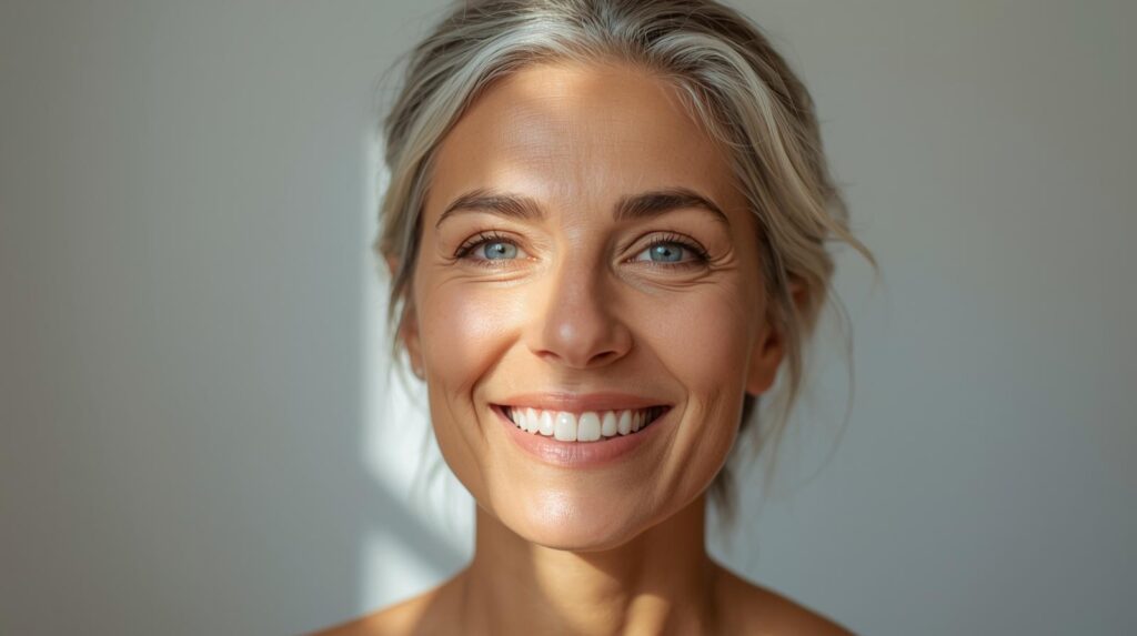 mulher-madura-sorrindo-equilibrio-hormonal-natural-2026.jpg Mulher madura de cabelos grisalhos sorrindo sob a luz do sol, representando o bem-estar e o equilíbrio hormonal natural através de bons hábitos.