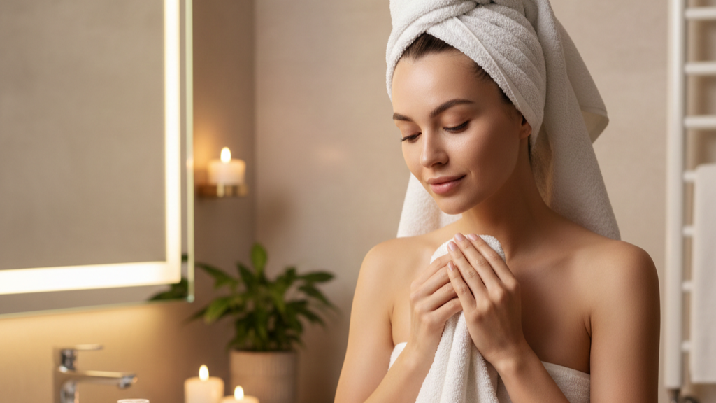 Mulher realizando rotina de skincare noturna com produtos hidratantes para manter a saúde da pele no verão.