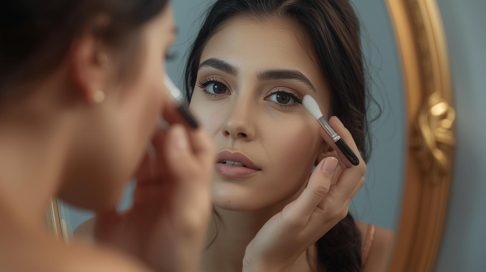 Mulher jovem aplicando sombra com pincel em frente ao espelho, demonstrando como fazer maquiagem simples e natural.
