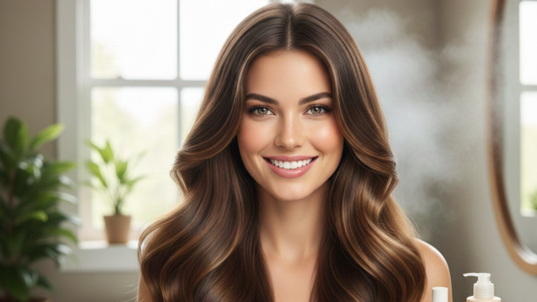 Mulher sorridente com cabelos longos e brilhantes após realizar o passo a passo da plástica capilar caseira.