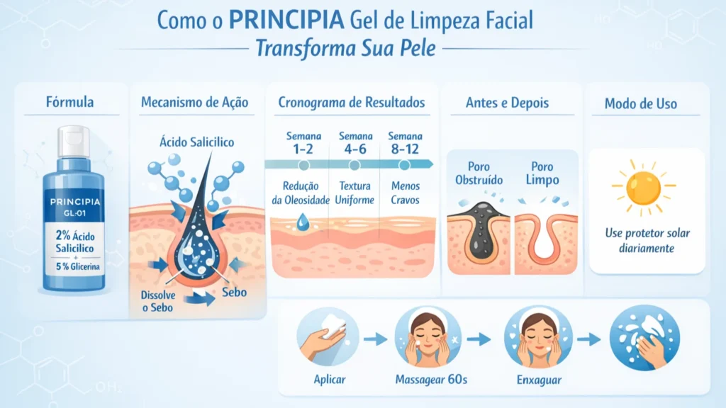 Infográfico explicativo do Principia Gel de Limpeza Facial GL-01 com 2% Ácido Salicílico e 5% Glicerina. Mostra a fórmula, mecanismo de ação dissolvendo sebo nos poros, cronograma de resultados em 12 semanas (redução da oleosidade, textura uniforme, menos cravos), comparação antes e depois do poro, instruções de uso em 3 passos e alerta de proteção solar obrigatória.