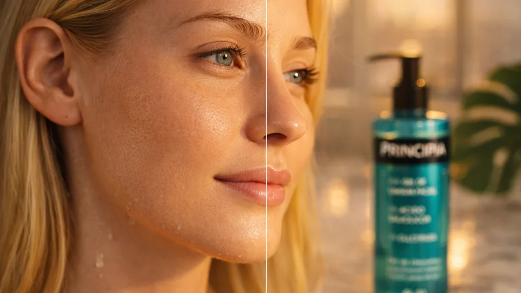 PRINCIPIA Antes e Depois: A Transformação Definitiva da Pele em 21 Dias | 2% Ácido Salicílico + 5% Glicerina Transformação real da pele com PRINCIPIA Gel de Limpeza Facial 2% Ácido Salicilico 5% Glicerina - antes com oleosidade excessiva poros dilatados clima tropical depois com pele radiante purificada barreira protegida resultado dermatológico comprovado