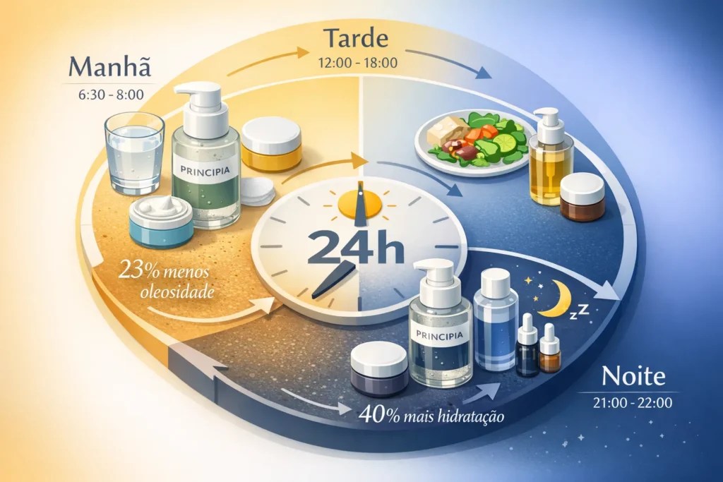 PRINCIPIA Rotina 24h: Infográfico Visual Definitivo | Do Amanhecer à Noite com Resultados Clínicos Comprovados Infográfico visual da rotina completa de skincare 24 horas com PRINCIPIA Gel de Limpeza Facial mostrando cronograma manhã 6h30-8h preparação e proteção com 23% menos oleosidade tarde 12h-18h manutenção alimentar noturna 21h-22h tratamento profundo com 40% mais hidratação ciclo dermatológico completo