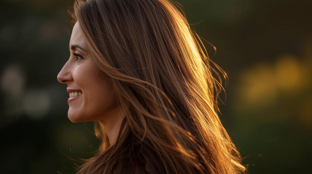 queda-de-cabelo-apos-os-40-tratamento.jpg Mulher brasileira de 45 anos com cabelos castanhos longos, volumosos e brilhantes, demonstrando resultados reais contra a queda de cabelo após os 40.