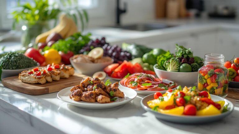 Mesa de cozinha organizada com diversas opções de receitas fitness fáceis e rápidas, incluindo frango grelhado, saladas frescas e legumes coloridos preparados para o dia a dia.