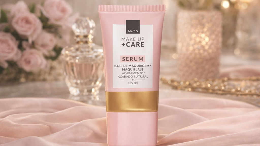 Base Sérum Tratamake da Avon em frasco rosa com detalhes dourados sobre bancada de luxo com rosas.