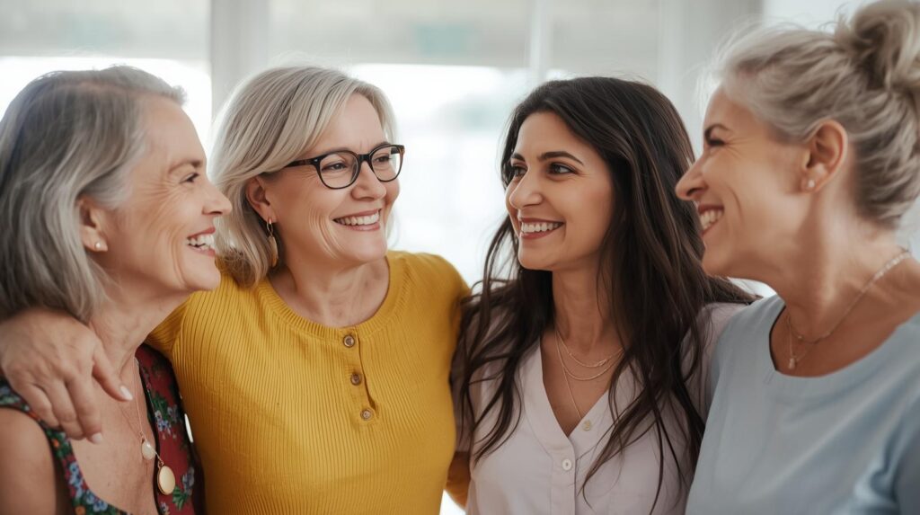 Quatro mulheres felizes de diferentes idades e gerações abraçadas, representando a saúde e o bem-estar feminino ao longo da vida.
