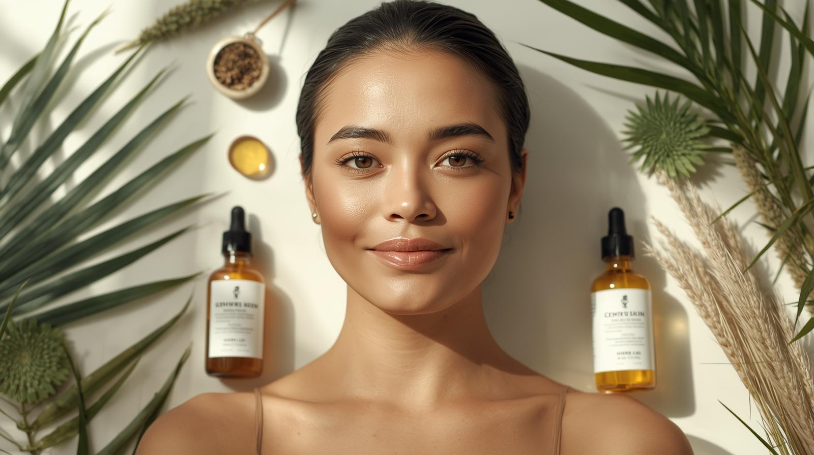 Mulher com pele radiante cercada por produtos de skincare botânico e ativos naturais em 2026