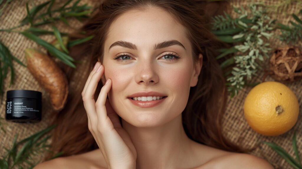 Mulher com pele radiante e saudável cercada por elementos de skincare botânico, incluindo ativos naturais e frascos de produtos orgânicos