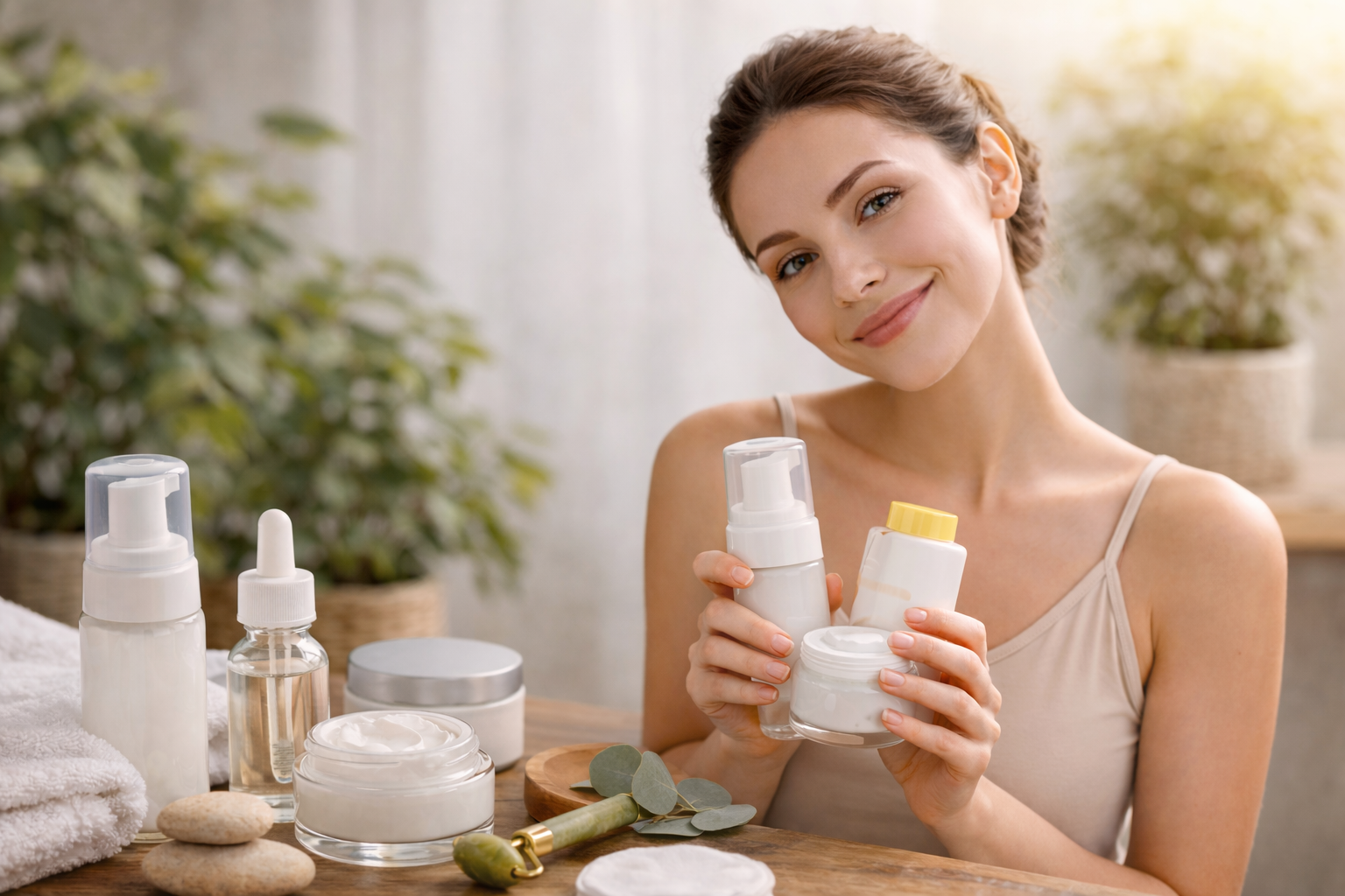 Mulher sorridente realizando skincare para iniciantes com sérum facial, cremes hidratantes de luxo e rolo de massagem facial em ambiente iluminado.