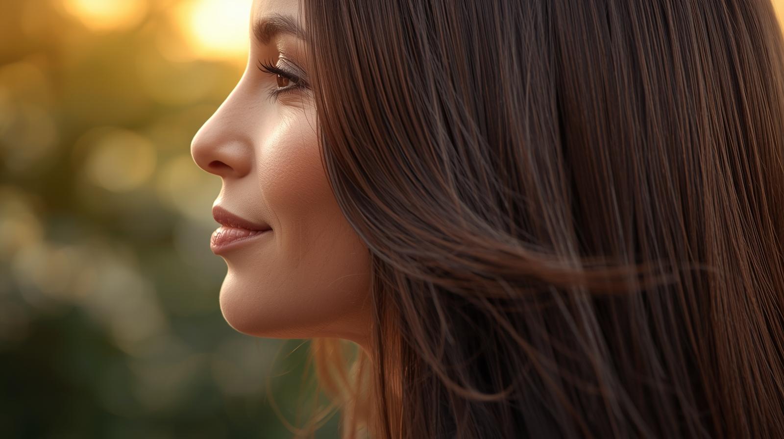 Mulher madura de perfil exibindo cabelos castanhos longos, volumosos e extremamente saudáveis após tratamento para queda de cabelo aos 40 anos.