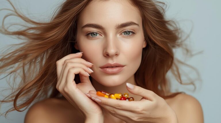 Mulher com cabelos saudáveis e unhas fortes segurando cápsulas de vitaminas para cabelo, pele e unhas.