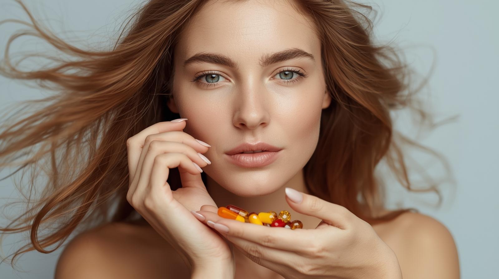 Mulher com cabelos saudáveis e unhas fortes segurando cápsulas de vitaminas para cabelo, pele e unhas.