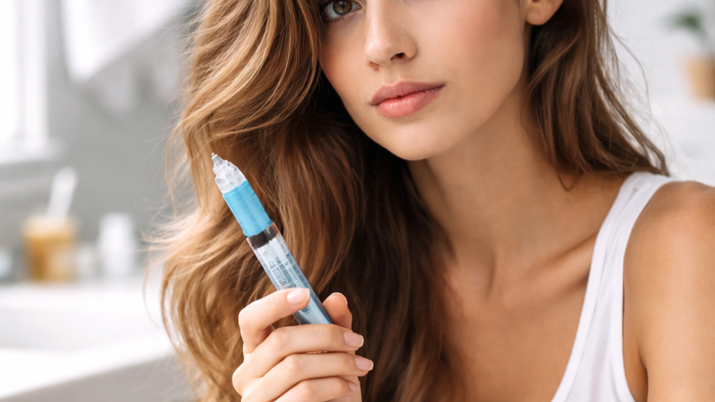 Modelo segurando caneta emagrecedora azul em contexto de busca por longevidade e biohacking metabólico.