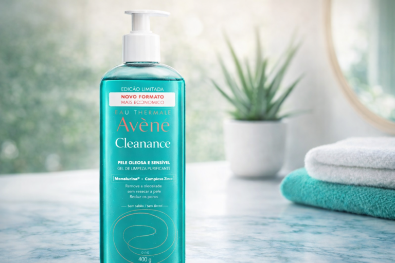 Frasco de Avène Cleanance Gel de 400g em um ambiente de banheiro iluminado, destacando a embalagem econômica para pele oleosa e sensível.