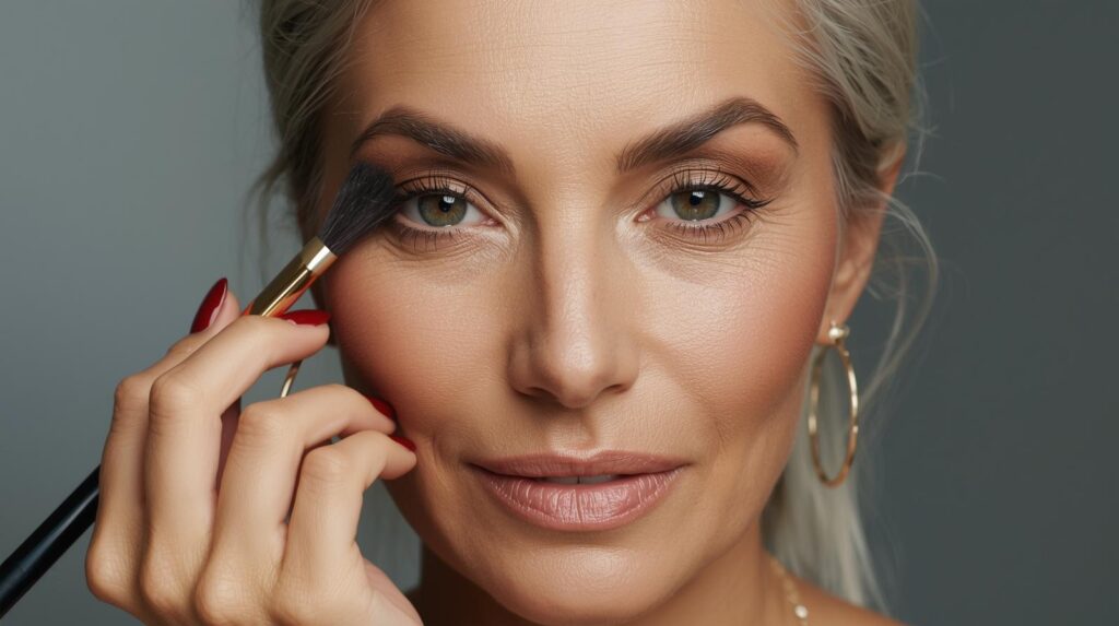 Mulher madura de pele perfeita demonstrando a aplicação de maquiagem funcional para rejuvenescimento celular e biohacking facial.