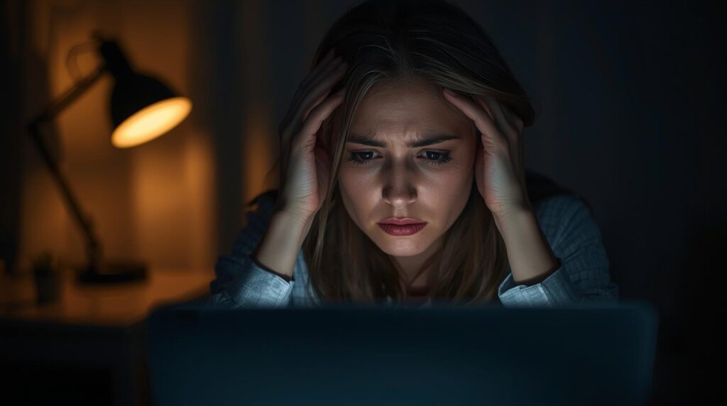 Mulher demonstrando sinais de burnout silencioso trabalhando à noite, com expressão de exaustão mental e sobrecarga emocional diante do computador.