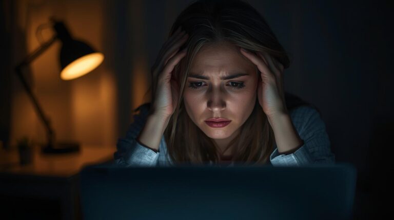Mulher demonstrando sinais de burnout silencioso trabalhando à noite, com expressão de exaustão mental e sobrecarga emocional diante do computador.