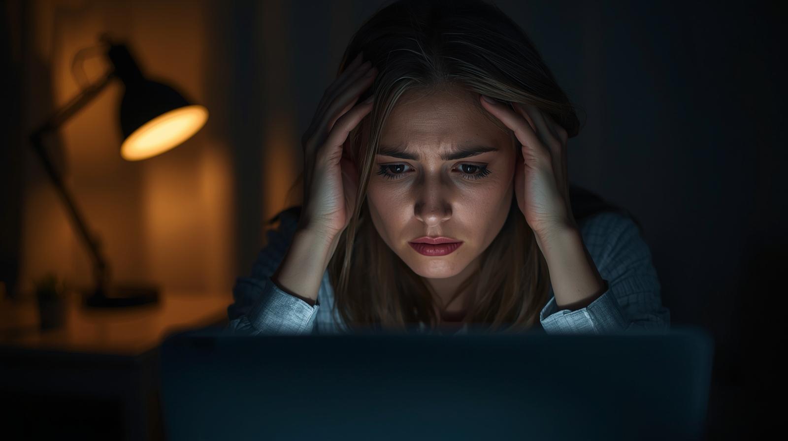 Mulher demonstrando sinais de burnout silencioso trabalhando à noite, com expressão de exaustão mental e sobrecarga emocional diante do computador.