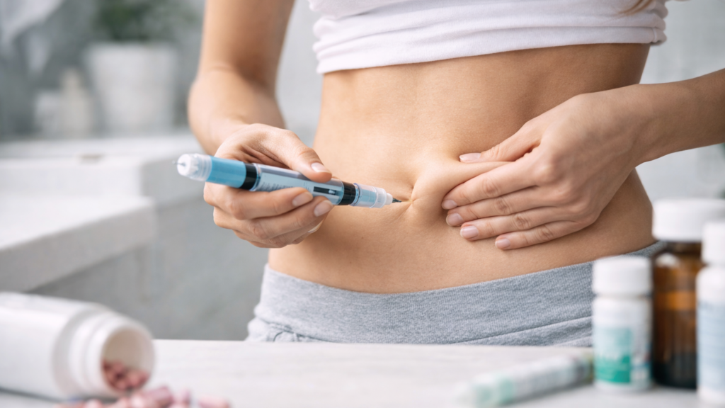 Aplicação de caneta emagrecedora no abdômen para ilustrar os riscos do uso indiscriminado e o impacto na longevidade metabólica e perda muscular.