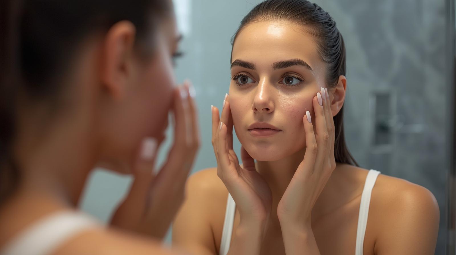 Mulher jovem analisando a pele do rosto no espelho para saber como identificar o tipo de acne e tratar a causa real