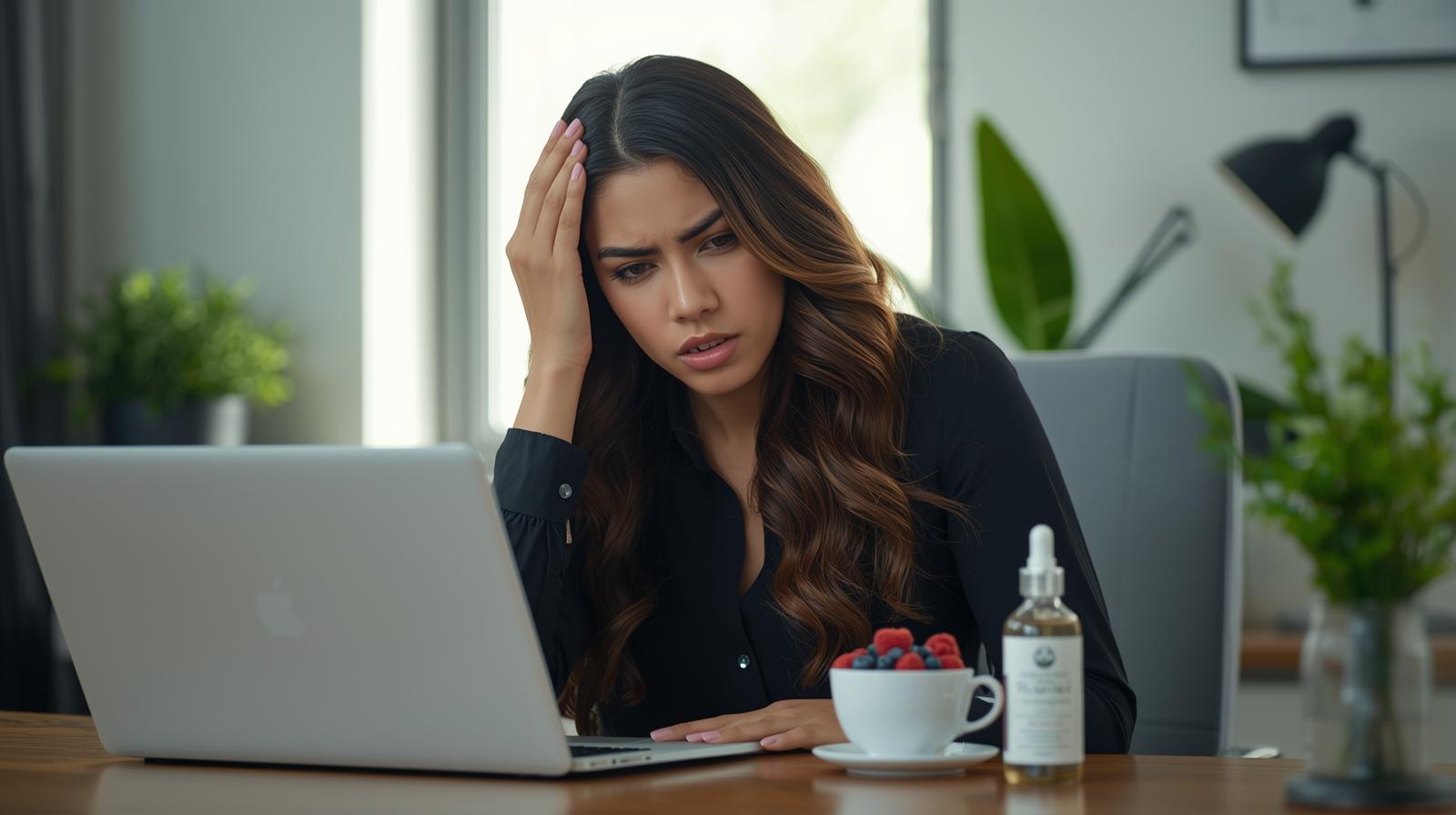 Mulher jovem com sinais de estresse e dermatite emocional no couro cabeludo sentada à mesa de trabalho com produtos de cuidado capilar.