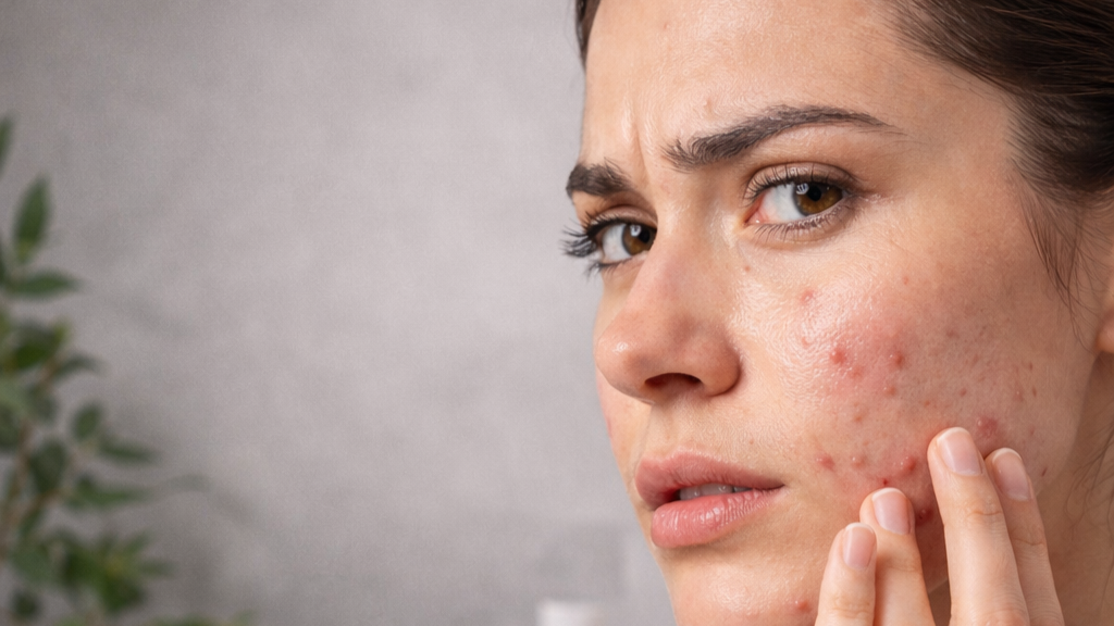 Close ultra realista de pele com acne para ajudar o leitor a saber como identificar o tipo de acne e as diferenças entre inflamação hormonal e bacteriana