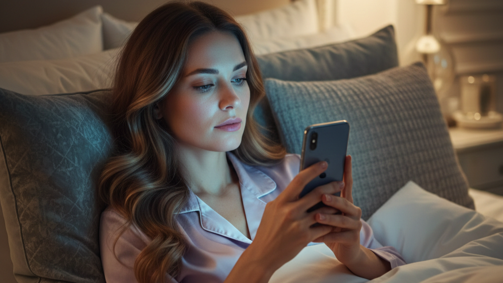 Mulher cansada deitada na cama usando celular à noite com luz azul refletindo no rosto, ilustrando o envelhecimento causado pelo estresse digital.