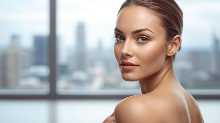 Mulher com pele perfeita em ambiente urbano futurista, demonstrando os efeitos do biohacking de proteção molecular contra o exposoma e envelhecimento digital.