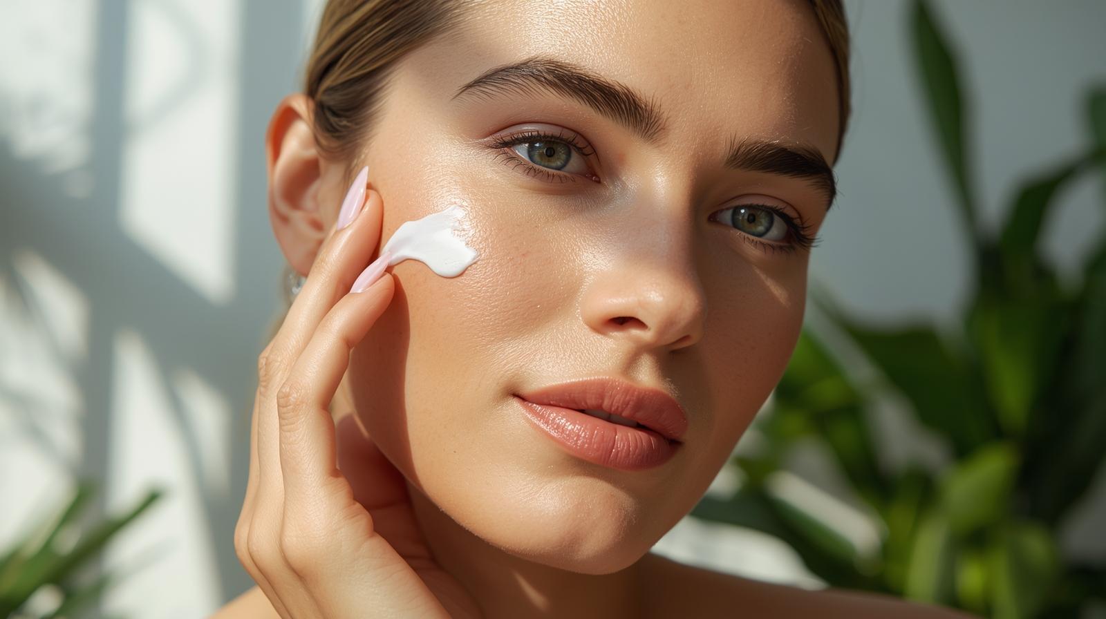 Mulher aplicando protetor solar facial em ambiente iluminado com luz natural, representando cuidados diários de skincare e proteção solar para pele saudável em 2026
