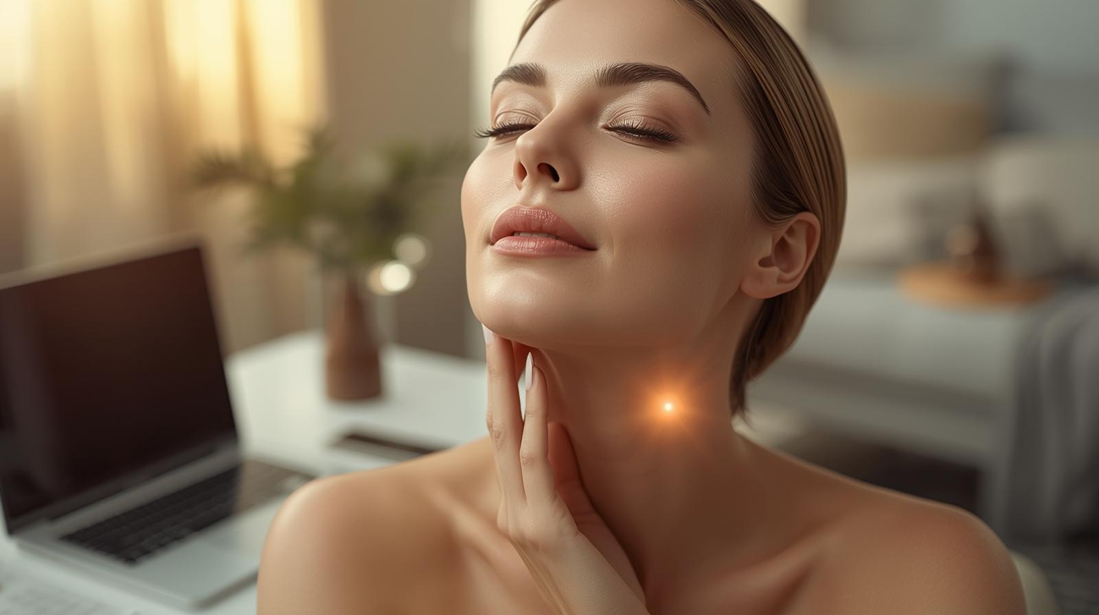 Mulher elegante tocando o pescoço jovem e firme em frente ao notebook, representando o tratamento rugas tech neck e cuidados com a pele no home office.