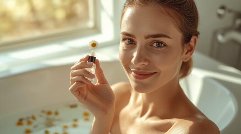 Mulher radiante em momento de autocuidado segurando flor de camomila, representando o equilíbrio da saúde íntima e bem-estar feminino.