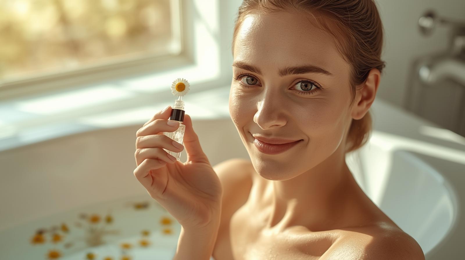 Mulher radiante em momento de autocuidado segurando flor de camomila, representando o equilíbrio da saúde íntima e bem-estar feminino.