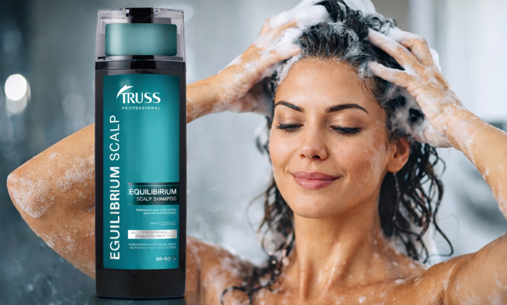 Mulher sorrindo durante o banho enquanto massageia o couro cabeludo com a espuma do Truss Equilibrium Scalp Shampoo, demonstrando a aplicação correta do produto.