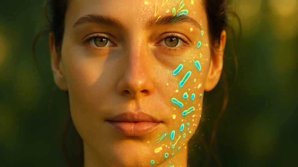 Microbioma cutâneo equilibrado representado na pele feminina, ilustrando a relação entre estresse, inflamação e saúde da barreira cutânea