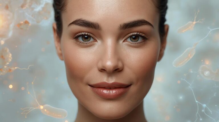 Mulher com pele saudável e luminosa representando o equilíbrio do microbioma cutâneo e a proteção da barreira da pele
