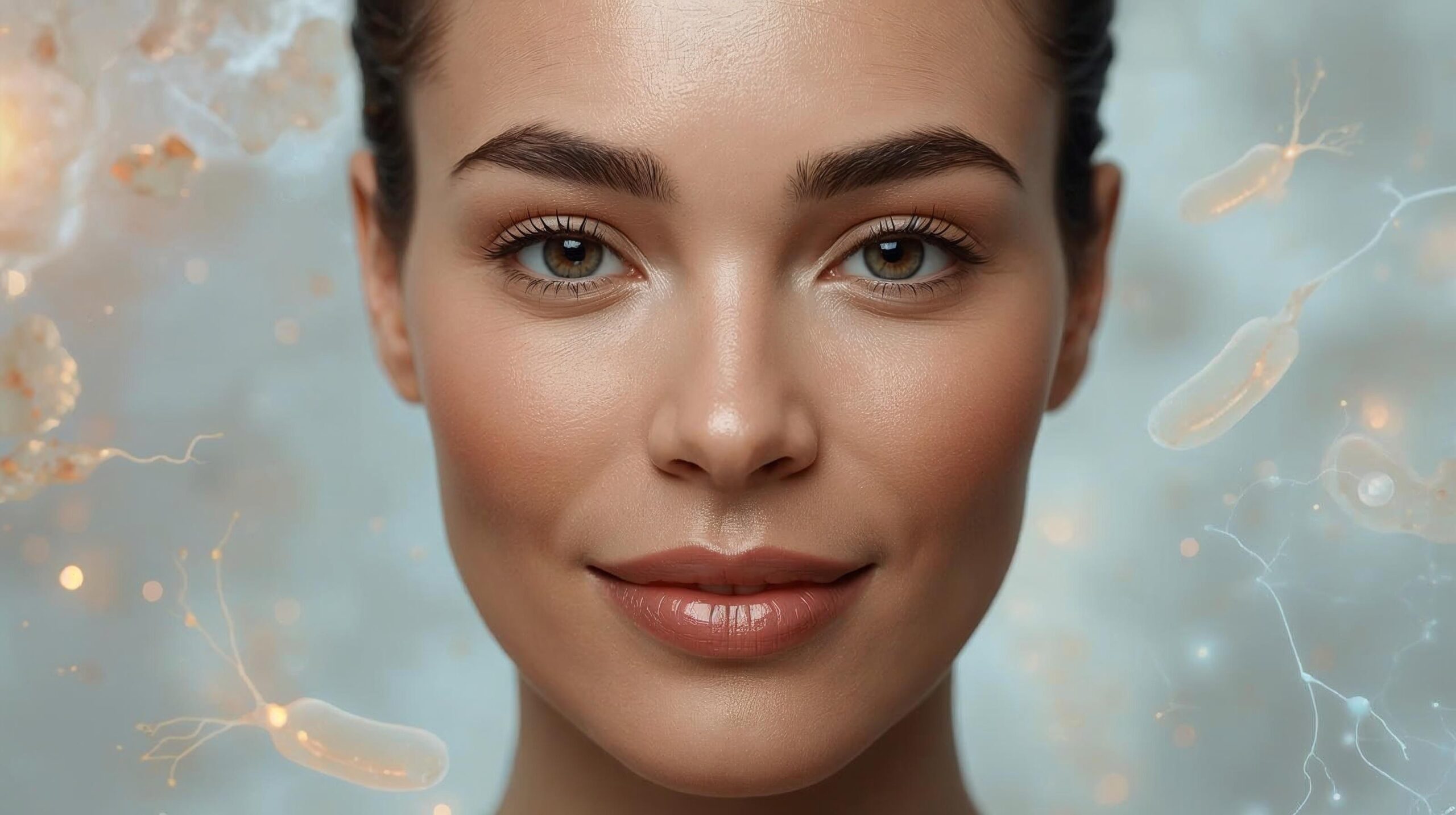Mulher com pele saudável e luminosa representando o equilíbrio do microbioma cutâneo e a proteção da barreira da pele