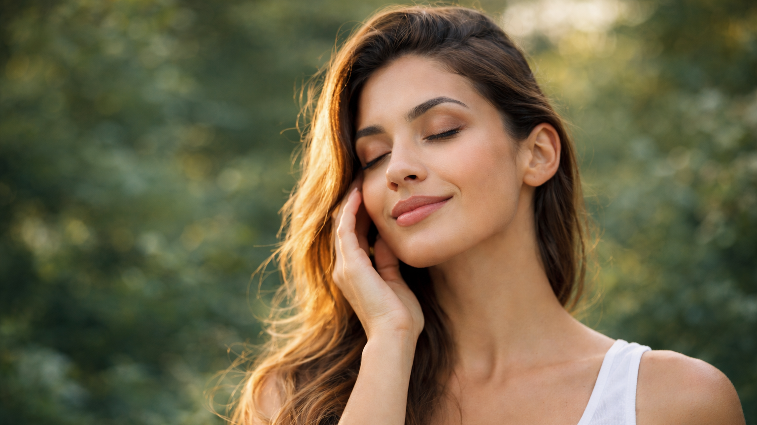 Mulher jovem expressando bem-estar e clareza mental através de práticas de higiene mental e biohacking