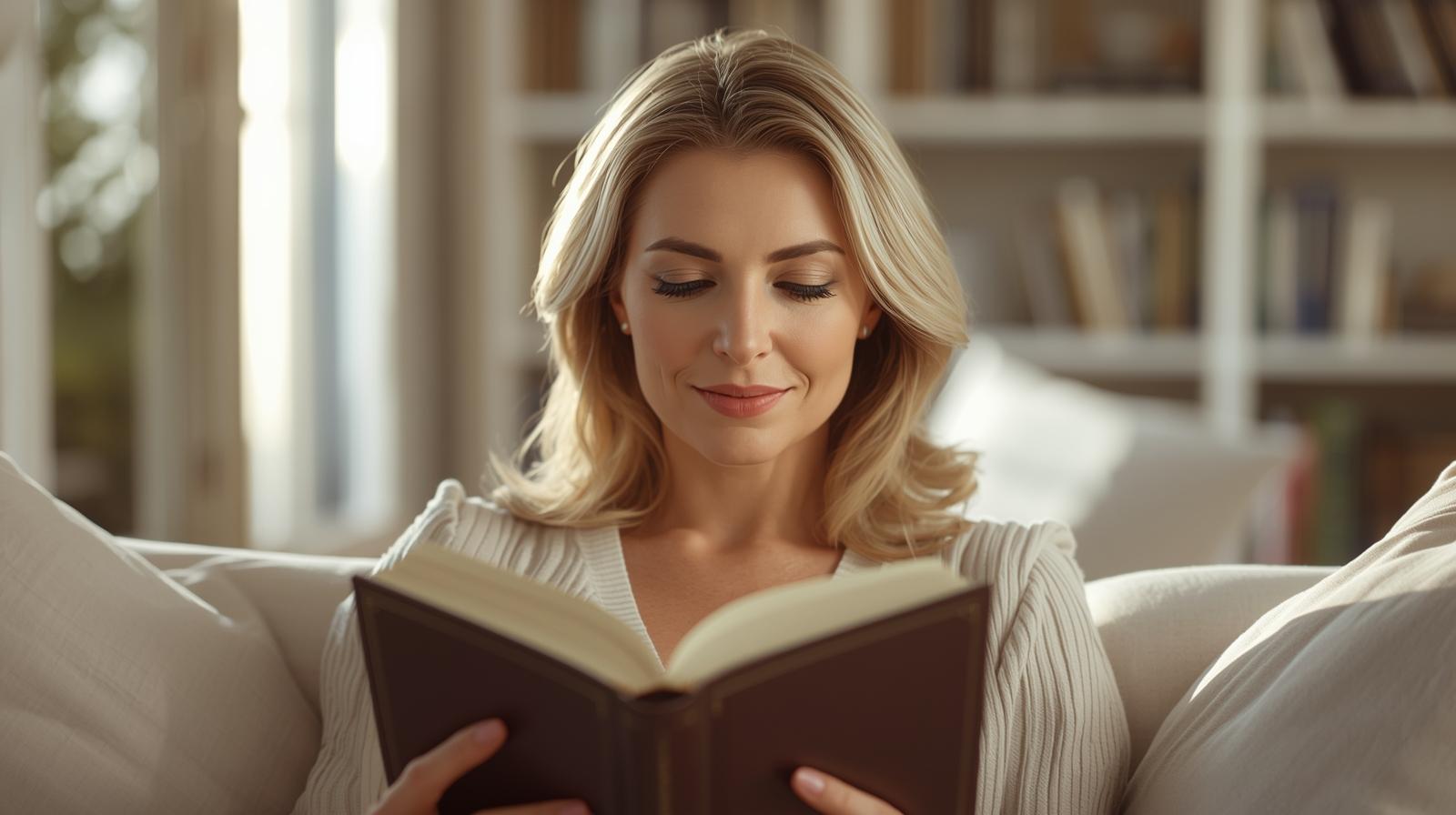 Mulher madura e elegante lendo com serenidade, ilustrando a clareza cognitiva após o tratamento da Neuroendocrinologia da Névoa Mental.