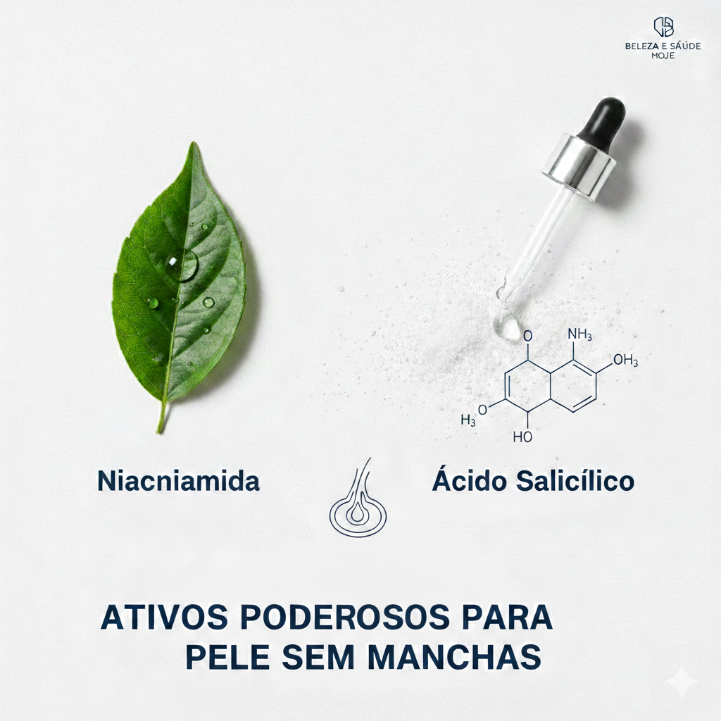 niacinamida-e-acido-salicilico-para-manchas-de-acne.jpg Infográfico de ativos para skincare de farmácia: Niacinamida e Ácido Salicílico em gotas e fórmula molecular para tratamento de manchas de acne