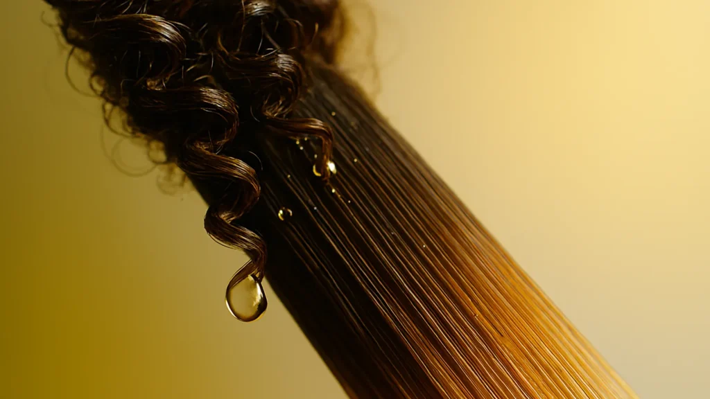 Close-up de uma mecha de cabelo em transição recebendo gotas de óleo nutritivo dourado, mostrando a textura lisa na base e uma mola de cacho definida no topo.