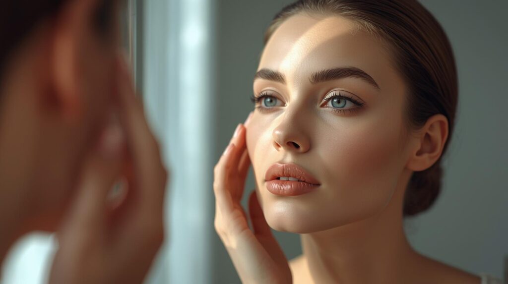 pele-perfeita-tratando-a-causa-estetica-facial.jpg Mulher analisando a pele de forma saudável para ter uma pele perfeita tratando a causa