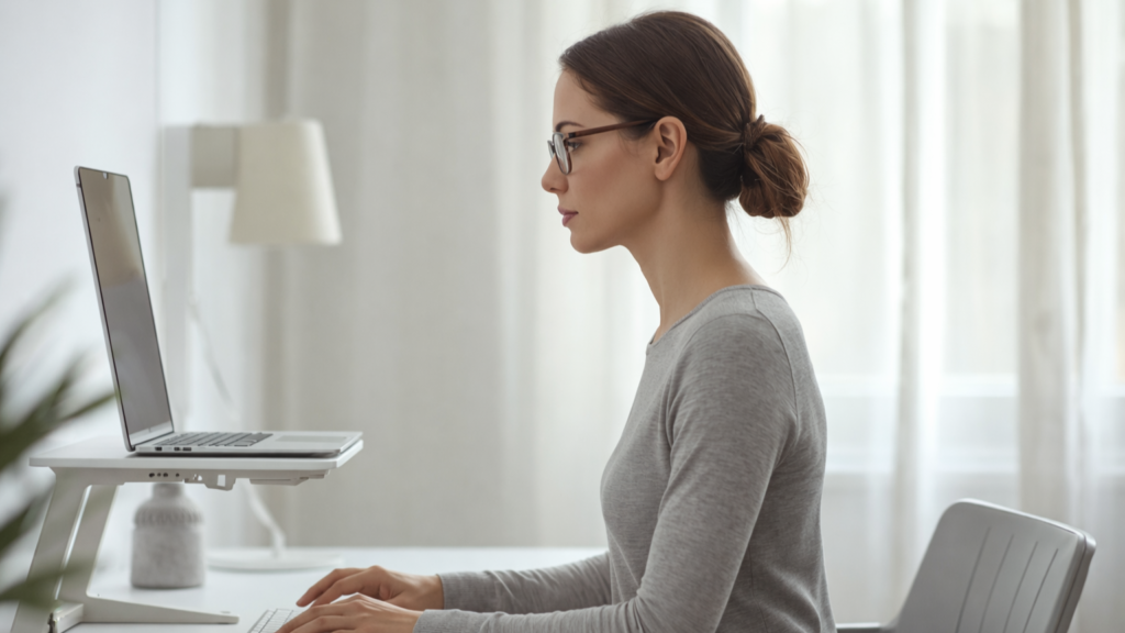 Postura Correta no Home Office para Prevenir Rugas Tech Neck Vista lateral de uma mulher sentada com postura ereta em home office, utilizando um suporte para elevar o notebook ao nível dos olhos e evitar o tratamento rugas tech neck.